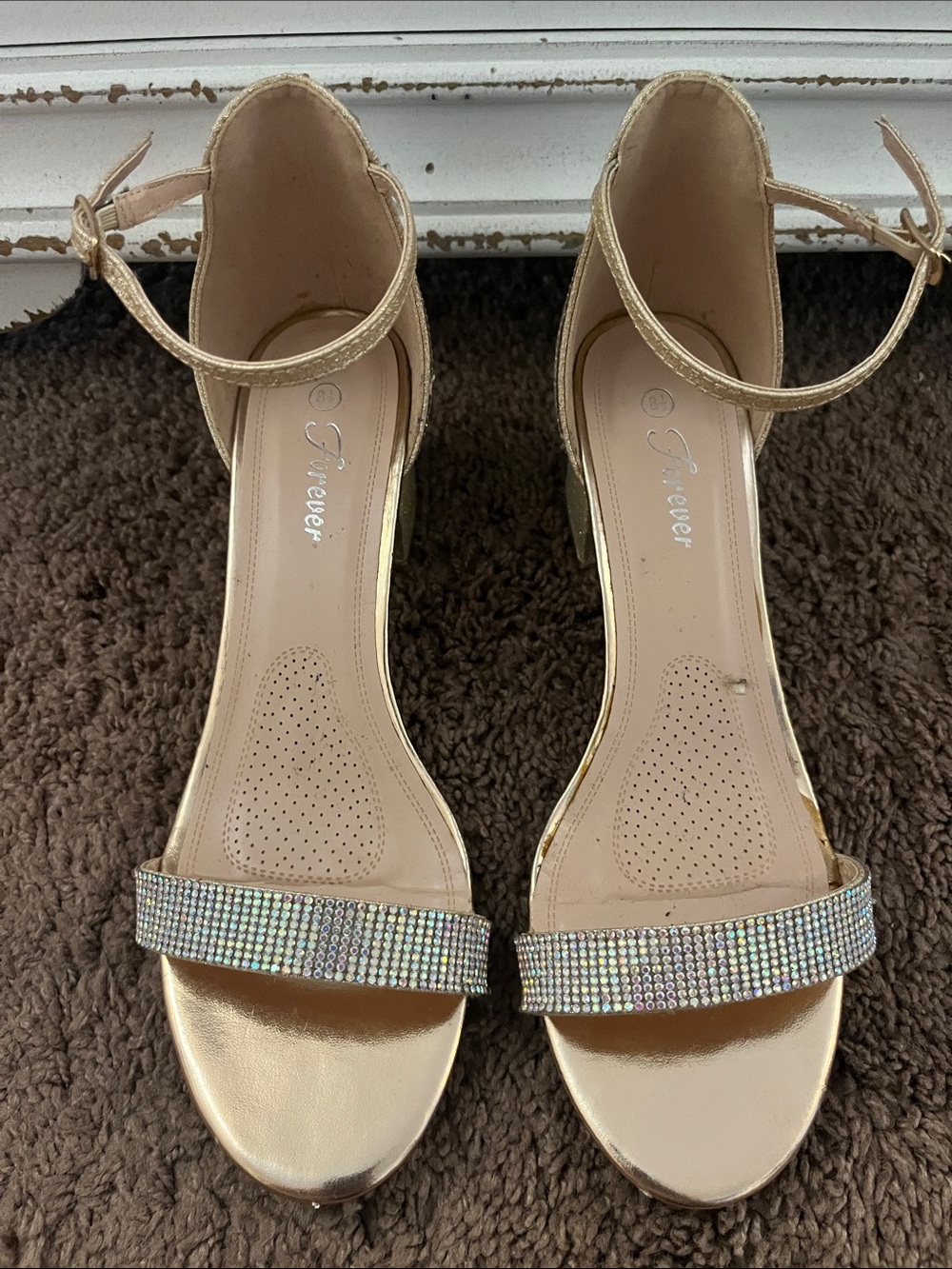 Forever Collectibles Gold Metallic Ankle-Strap Heels with Crystal Toe Band